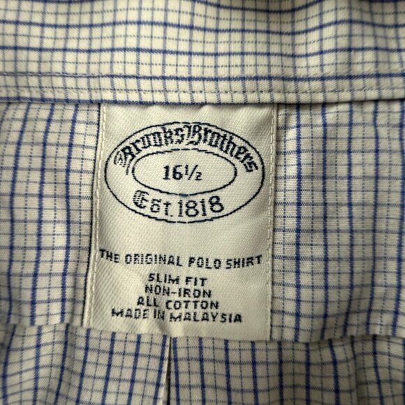 Brooks Brothers Short Sleeve Button-Down Non-Iron 16.5 Check Slim Cotton Blue - Picture 9 of 10